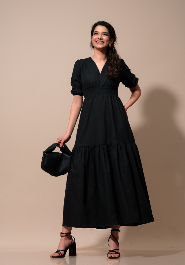 GRAICE V NECK BLACK DRESS